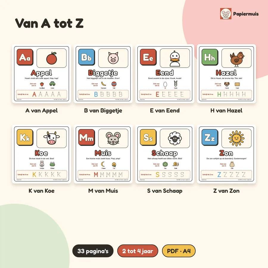 26 letterpagina's van A tot Z