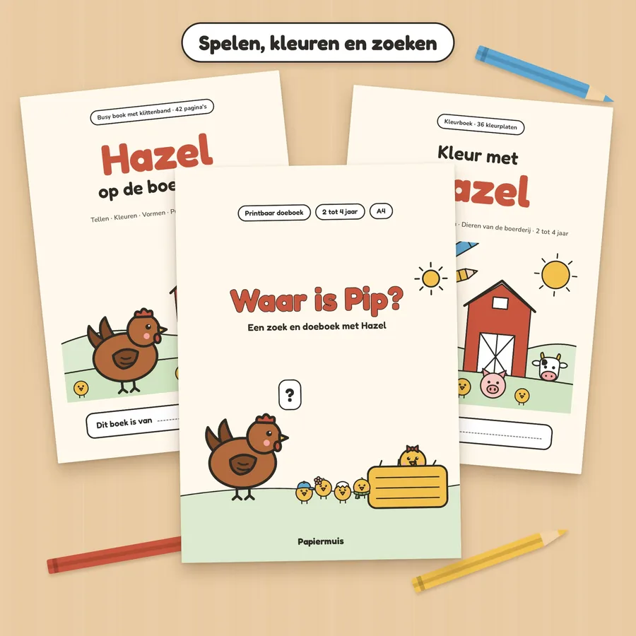 De drie Hazel boekjes geprint: busy book, kleurboek en Waar is Pip?