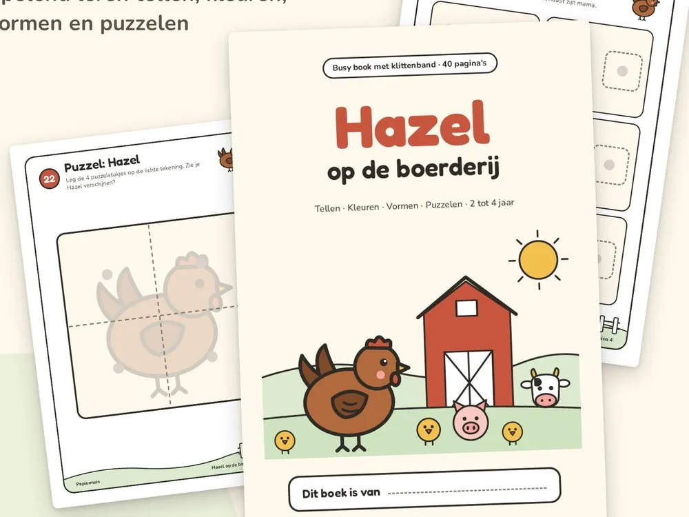 Omslag en binnenpagina's van het busy book Hazel op de boerderij
