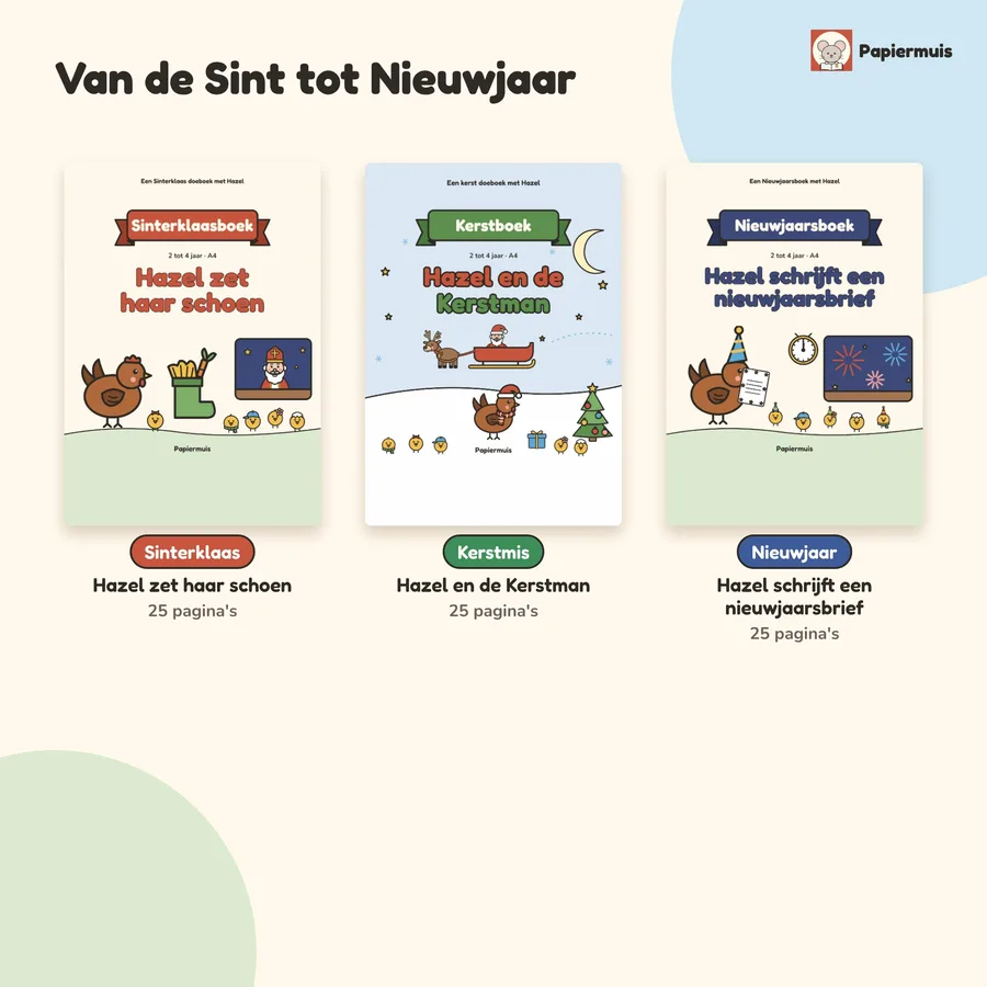 De voorpagina's van het Sinterklaasboek, het kerstboek en het nieuwjaarsboek met Hazel