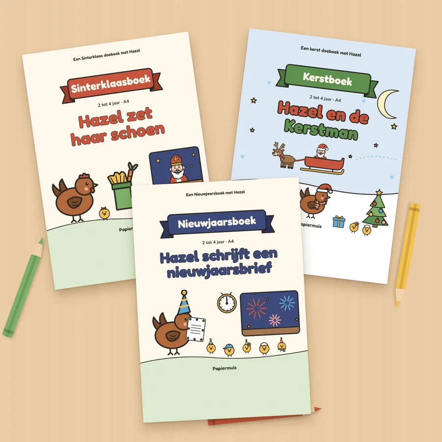 De 3 doeboeken met Hazel voor de feestdagen geprint: Sinterklaas, Kerstmis en Nieuwjaar
