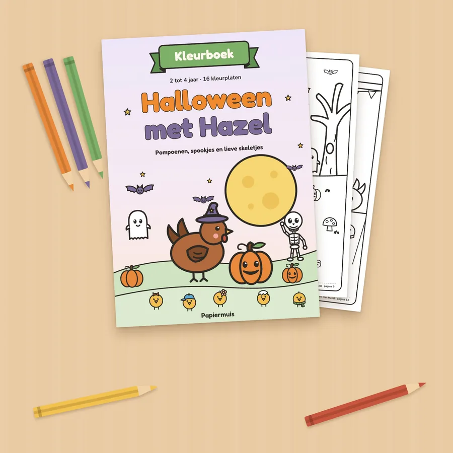 Het Halloween kleurboek Halloween met Hazel geprint, met kleurpotloden