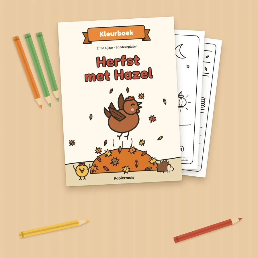 Het herfstkleurboek Herfst met Hazel geprint, met kleurpotloden