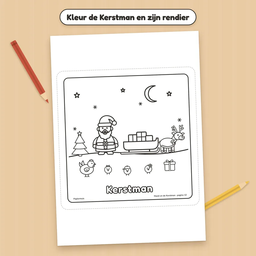 Kleurplaat van de Kerstman, zijn rendier en de slee