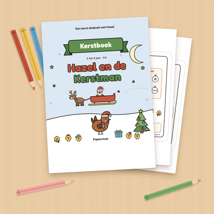 Het kerstdoeboek Hazel en de Kerstman geprint, met kleurpotloden