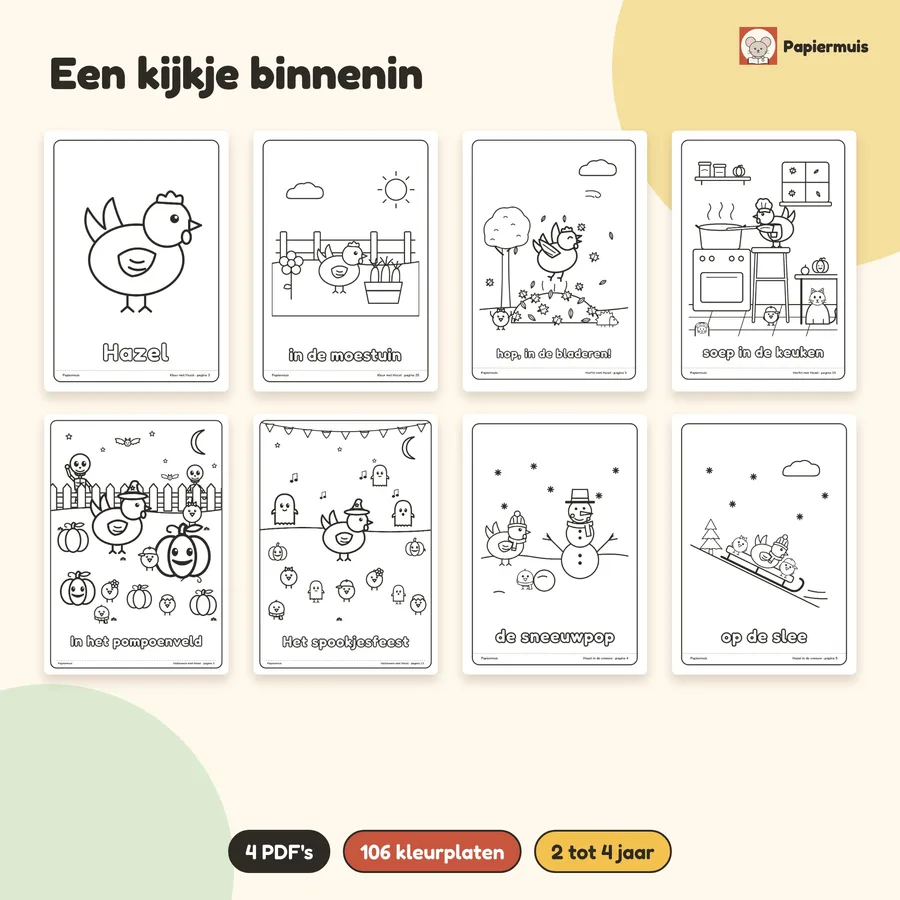 Acht kleurplaten uit de 4 kleurboeken met Hazel