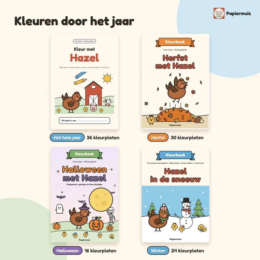 De voorpagina's van de 4 kleurboeken, van de boerderij tot de winter