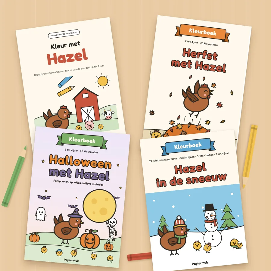 De 4 kleurboeken met Hazel geprint: Kleur met Hazel, Herfst met Hazel, Halloween met Hazel en Hazel in de sneeuw