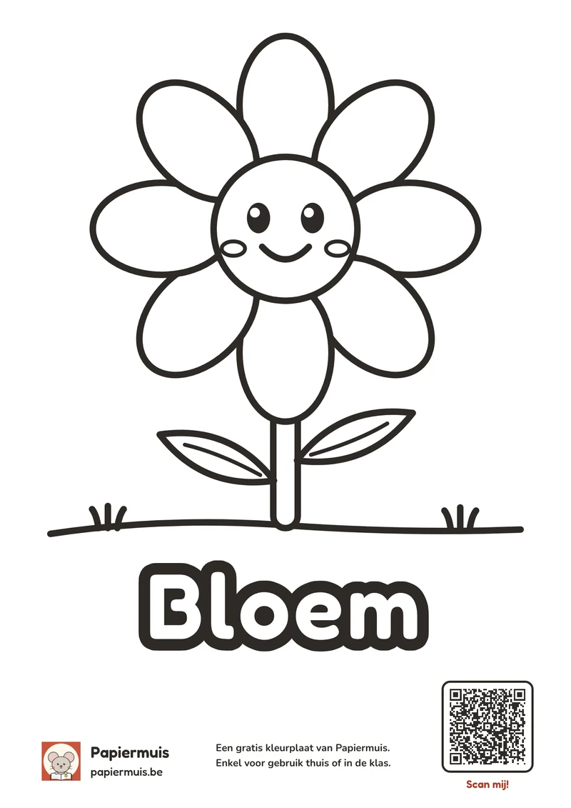 Kleurplaat bloem, eenvoudig voor peuters: een grote lachende bloem met twee blaadjes