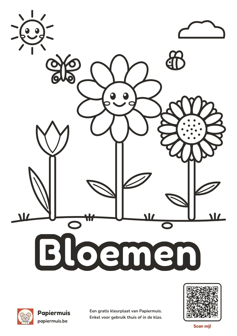 Kleurplaat bloemen voor kleuters: een tulp, een madeliefje en een zonnebloem met een vlinder en een bij