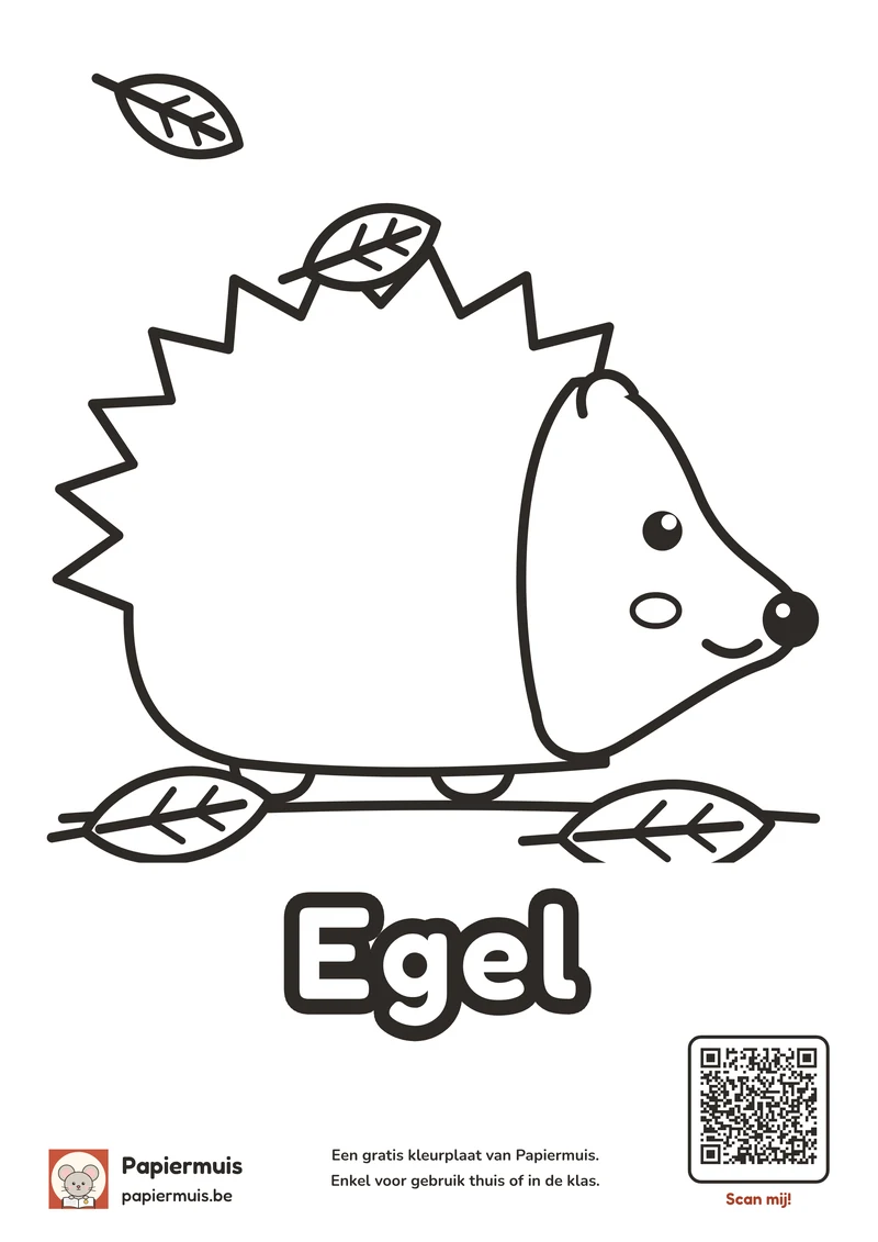Kleurplaat egel voor peuters: een grote egel met een herfstblad op zijn stekels
