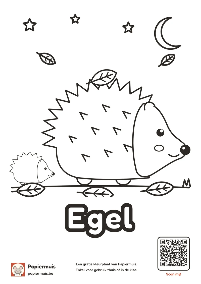Kleurplaat egel voor kleuters: een mama egel en haar egeltje in de bladeren onder de maan