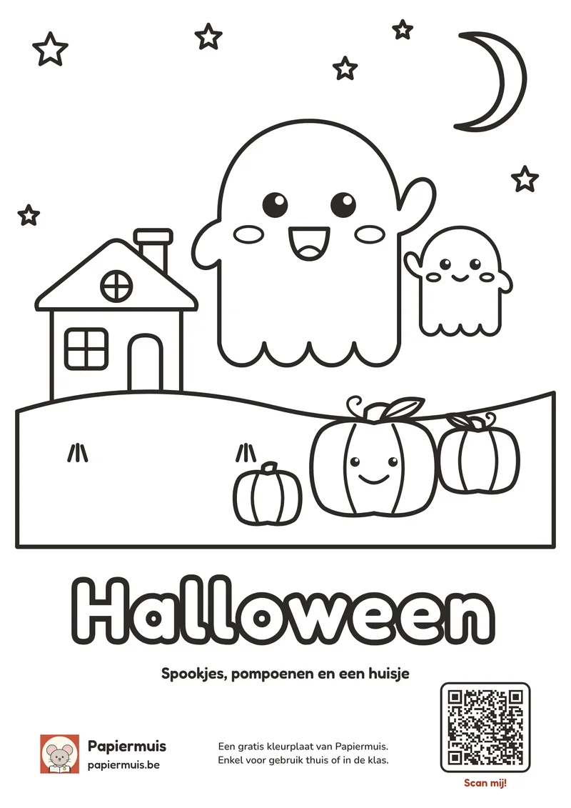 Kleurplaat Halloween, met spookjes, pompoenen, een maantje en een huisje voor kleuters