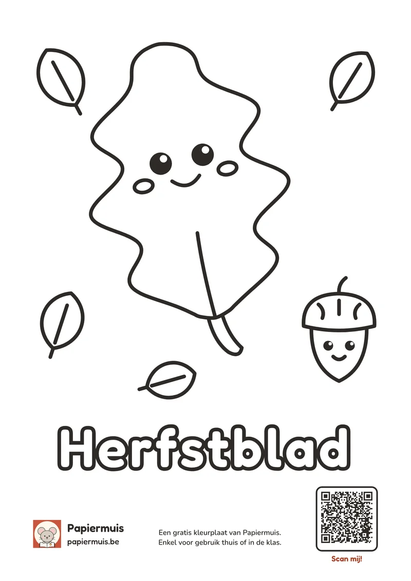 Herfstkleurplaat voor peuters met een eikenblad, een lachende eikel en kleine blaadjes