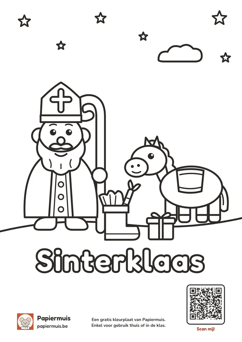 Kleurplaat Sinterklaas, met zijn paard en een laars met een wortel voor kleuters