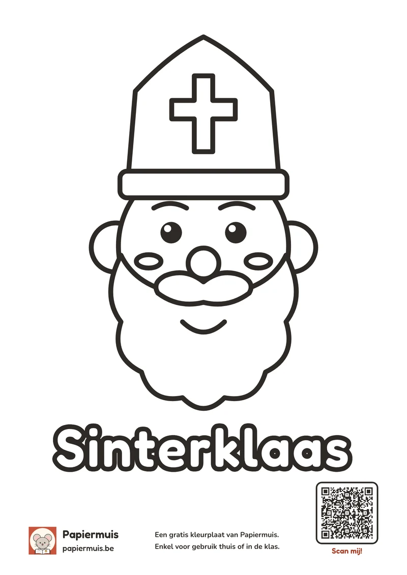 Kleurplaat Sinterklaas voor peuters, heel eenvoudig: het grote, lachende hoofd van de Sint met mijter en baard