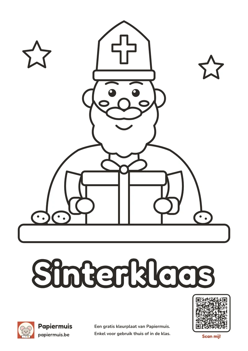 Kleurplaat Sinterklaas voor kleuters: de Sint met een groot pakje, drie pepernoten en twee sterren