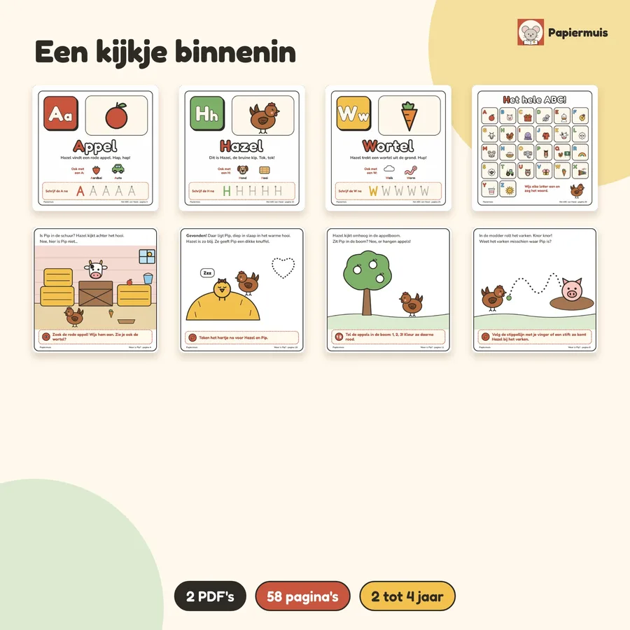 Acht pagina's uit het ABC-boek en het doeboek Waar is Pip?