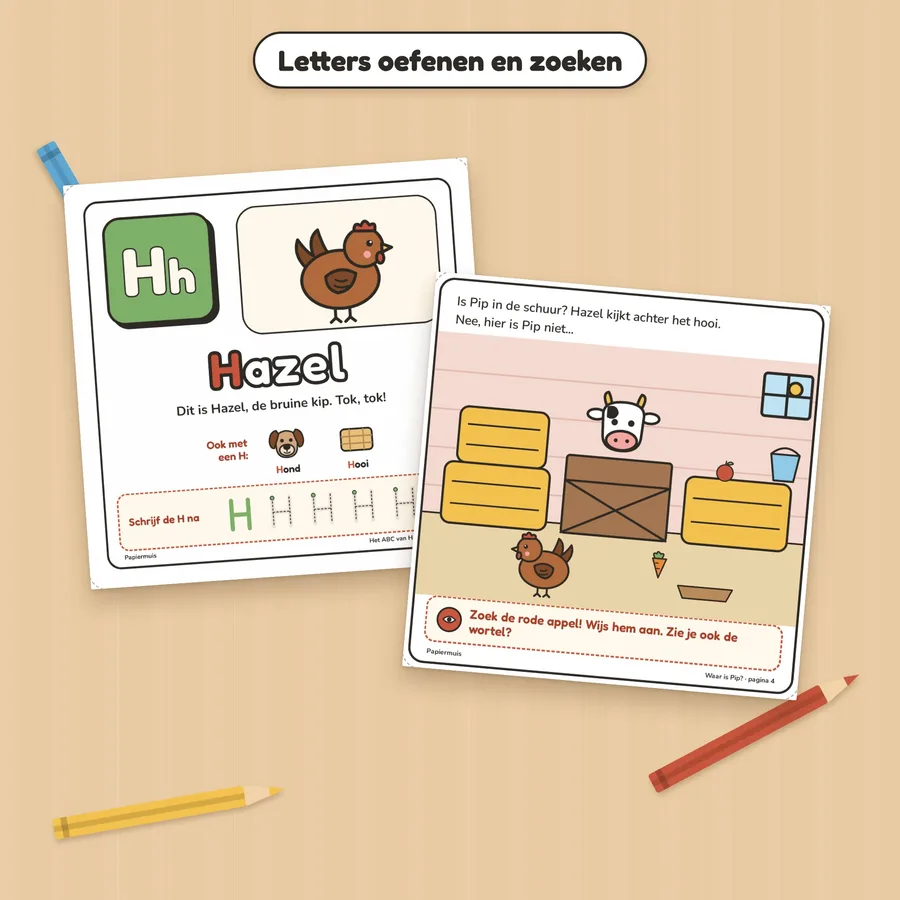 De letterpagina van de H en een zoekplaat uit Waar is Pip?