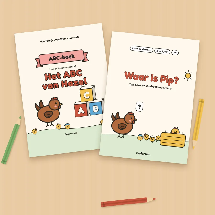 Het ABC-boek en het doeboek Waar is Pip? met Hazel geprint