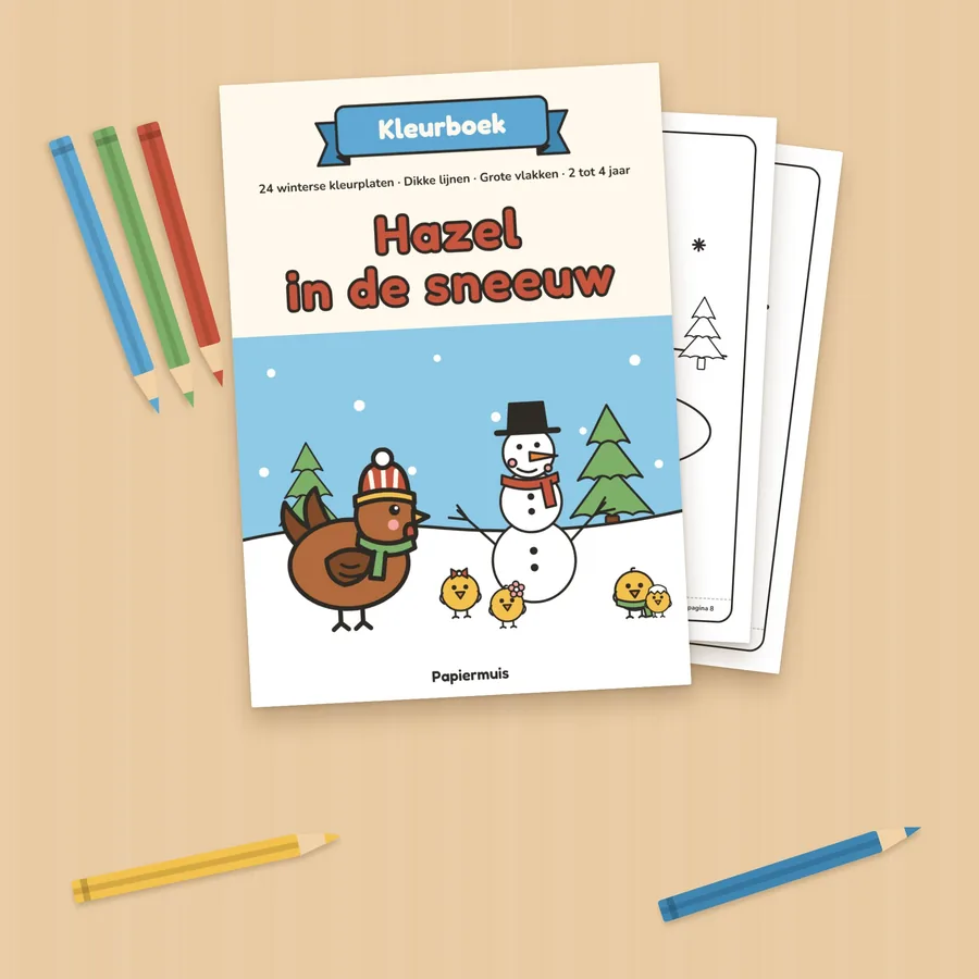 Het winterkleurboek Hazel in de sneeuw geprint, met kleurpotloden