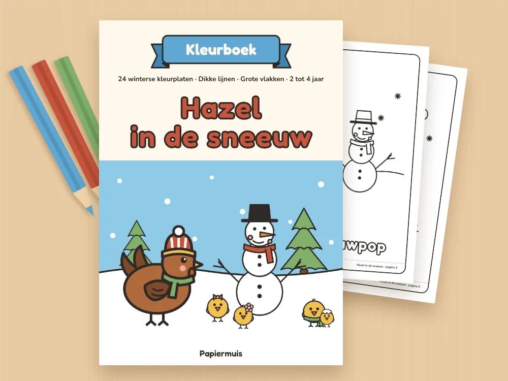 Omslag en kleurplaten van het winterkleurboek Hazel in de sneeuw